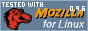 [Physical Description|An 88x31 pixel
 image with the red Godzilla-like Mozilla head to the left, the white
 text 'Tested with:' above and 'Mozilla' in yellow to the right with
 'for Linux' below in white.][Logical Description|Tested with Mozilla
 for Linux]