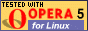 [Physical
 Description|An 88x31 pixel image with a yellow background, a large
 red 'O' to the left with black text 'Tested with:' above and 'Opera
 5' in red and black to the right with 'for Linux' and 'and Windows'
 in an animated sequence below in white on purple.][Logical
 Description|Tested with Opera 5 for Linux and Windows]